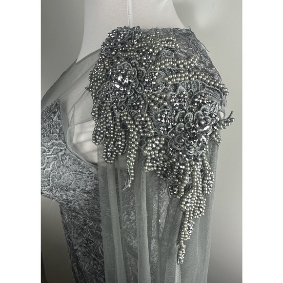 Dekolte Beaded Lace Sequin Evening Gown Mermaid Illusion Cape Sleeve Formal 42 - Picture 6 of 16
